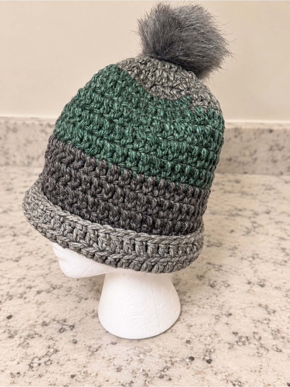 Handmade Green and Gray Pom Beanie
